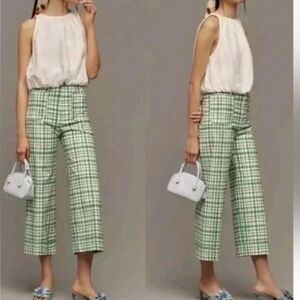 Anthropologie Green Plaid Cropped Trousers